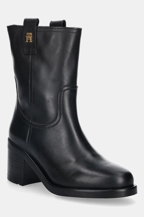 Tommy Hilfiger botki skórzane RIDING LTHR MID BOOT BLOCK HEEL damskie kolor czarny na słupku FW0FW08776