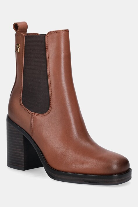 Tommy Hilfiger botki skórzane SQUARE TOE CHELSEA HIGH BLOCK HL damskie kolor brązowy na słupku FW0FW08844