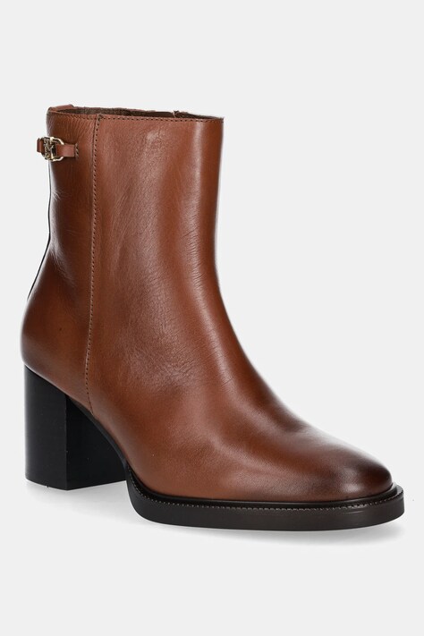Tommy Hilfiger botki skórzane STACKED HEEL LEATHER ANKLE BOOT damskie kolor brązowy na słupku FW0FW08864