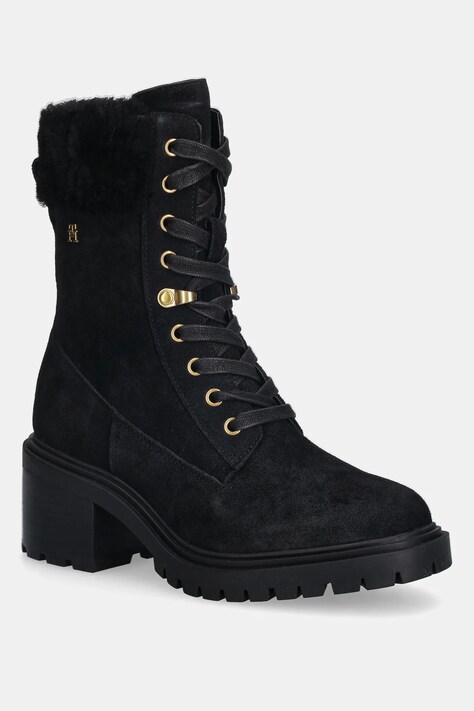 Tommy Hilfiger botki zamszowe TH SHEARLING LACE UP BOOT kolor czarny na słupku lekko ocieplone FW0FW08999