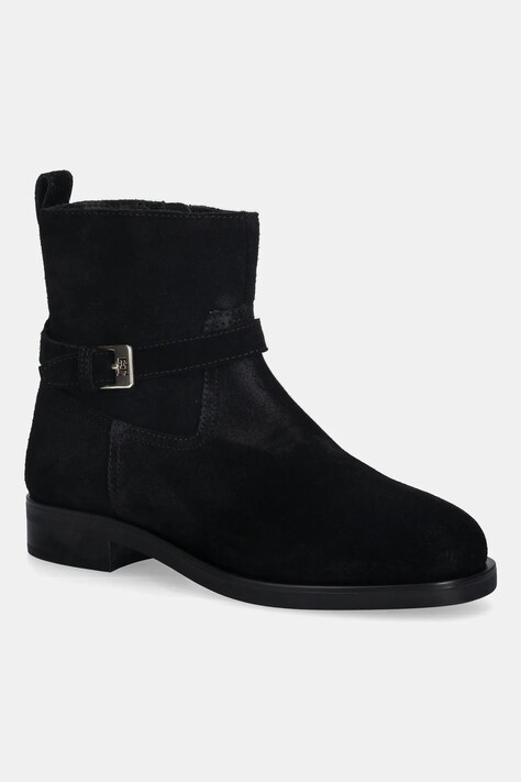 Tommy Hilfiger botki zamszowe TH BUCKLE RIDING SUEDE BOOTIE damskie kolor czarny na płaskim obcasie FW0FW09047