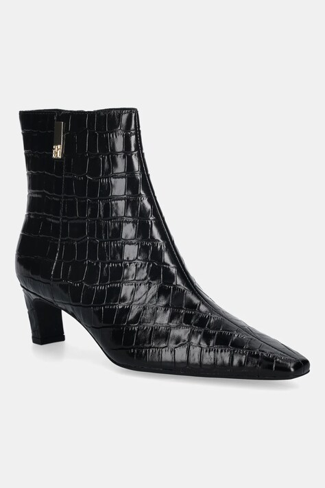Tommy Hilfiger botki skórzane TH SQUARE TOE CROC KITTEN BOOTIE damskie kolor czarny na słupku FW0FW09162