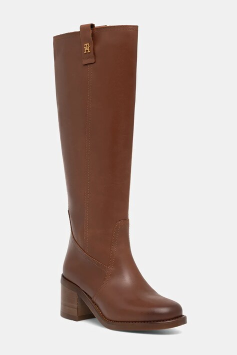 Tommy Hilfiger kozaki skórzane RIDING LTHR LONG BOOT BLOCK HEEL damskie kolor brązowy na słupku FW0FW08777