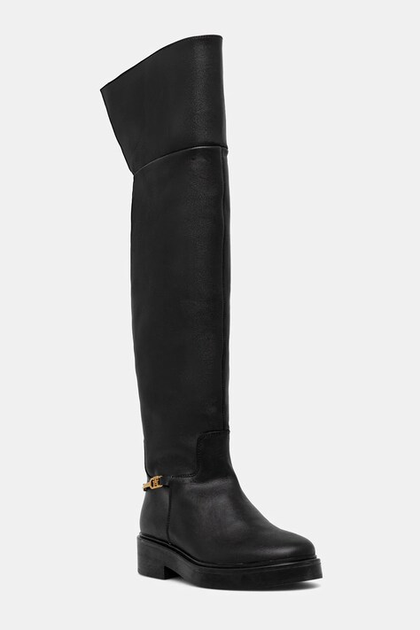 Kožené kozačky Tommy Hilfiger TH HORSEBIT RIDING OVERKNEE BOOT černá barva, na plochém podpatku, FW0FW08976