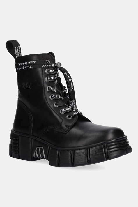 New Rock bocanci de piele CRUST NEGRO + TOWER CASCO culoarea negru, cu toc plat, M-WALL084NP-C8