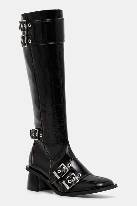 GANNI kozaki Feminine Buckle High Boot Naplack damskie kolor czarny na słupku S2740