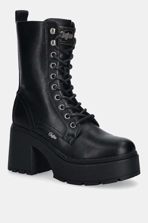 Μποτάκια Buffalo Mila Lace Up Mid χρώμα: μαύρο, 1622615-BLK