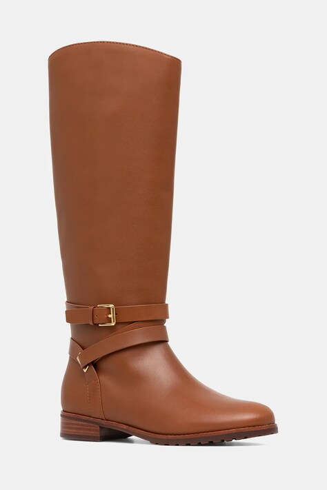 Lauren Ralph Lauren kozaki skórzane Collins Tll damskie kolor brązowy na płaskim obcasie 802974384001