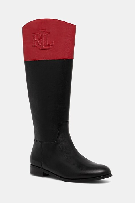 Kožené kozačky Lauren Ralph Lauren Justine II dámské, černá barva, na plochém podpatku, 802980557001