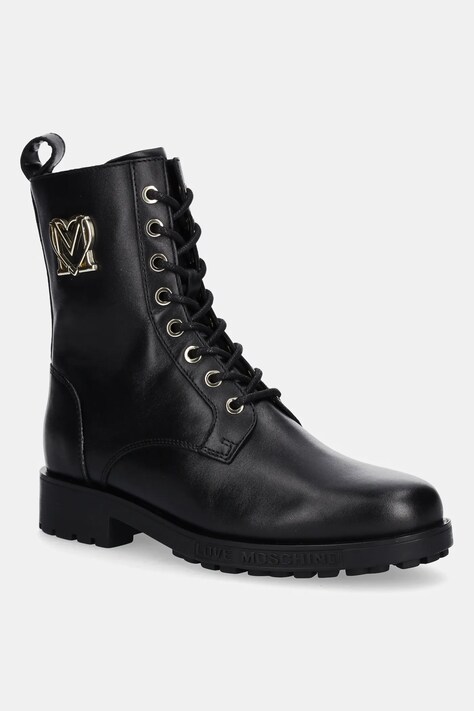 Love Moschino botki skórzane damskie kolor czarny na płaskim obcasie JA24254G0NIA0000