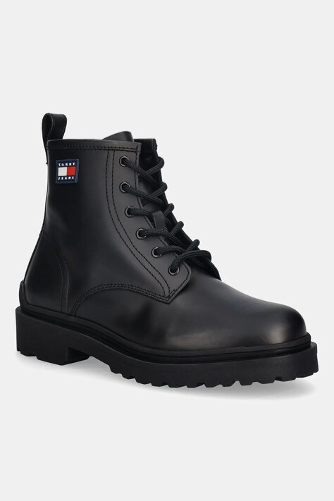 Δερμάτινα παπούτσια Tommy Jeans TJM LACE UP RUBBERIZED ανδρικά, χρώμα: μαύρο, EM0EM01628