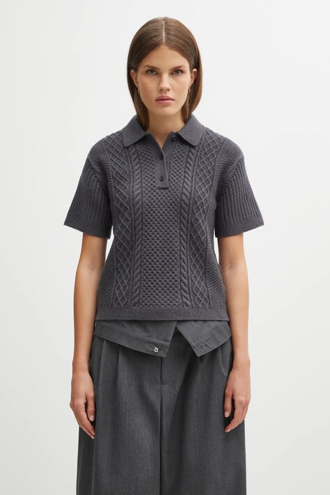 JW Anderson sweter z dodatkiem wełny Cropped Cable Knit Polo damskie kolor szary ciepły KW1443.YN0446