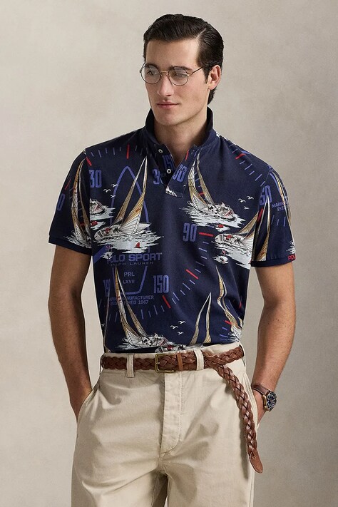 Polo Ralph Lauren polo de bumbac culoarea bleumarin, cu imprimeu, 710971785