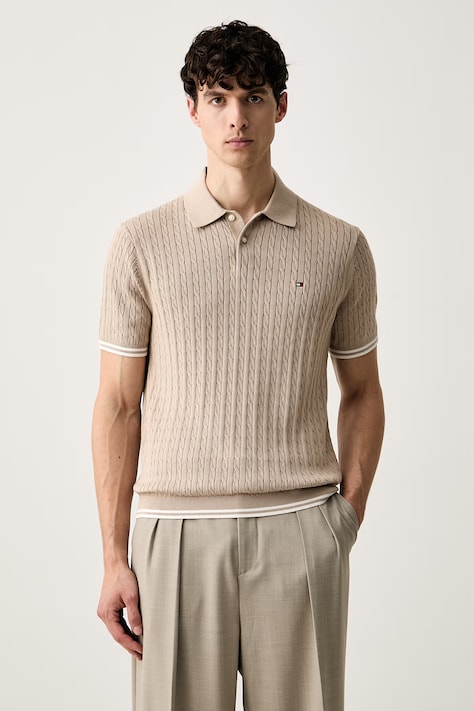 Tommy Hilfiger πλεκτό μπλουζάκι πόλο ανδρικό βαμβακερό μπεζ MW0MW40701