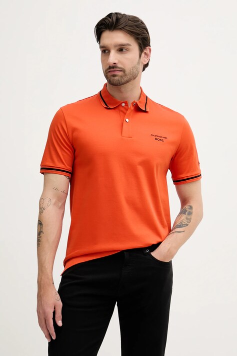 BOSS polo de bumbac culoarea portocaliu, cu imprimeu, 50543257