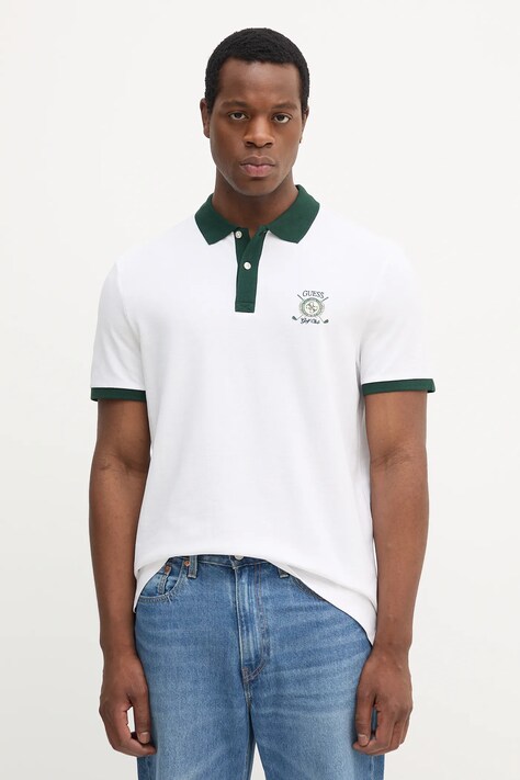 Guess polo de bumbac culoarea alb, cu imprimeu, M5YP03 KCJV1