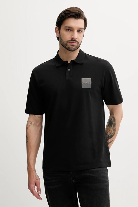 HUGO polo de bumbac culoarea negru, cu imprimeu, 50542834