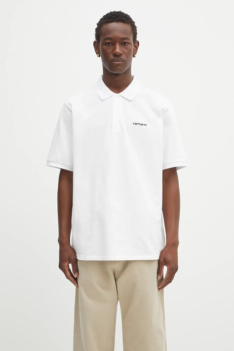 Carhartt WIP polo bawełniane S/S Carhartt Script męski kolor biały gładki I035231.00AXX