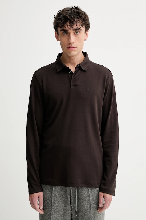 Calvin Klein longsleeve din bumbac culoarea maro, uni, LV040EM909