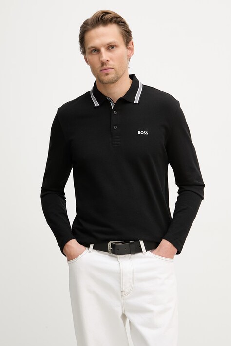 BOSS Green longsleeve męski bawełniany Plisy czarny 50536609