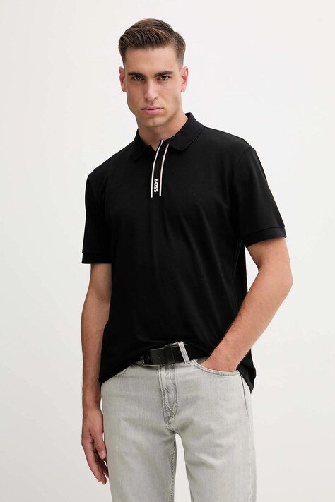 Polo tričko BOSS Green pánske, čierna farba, jednofarebné, 50549362