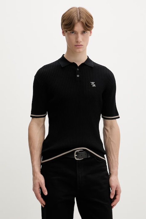 Βαμβακερό μπλουζάκι πόλο Filling Pieces Fine Knit Polo ανδρικό, χρώμα: μαύρο, 422570500127