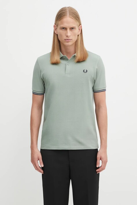 Памучна тениска с яка Fred Perry в зелено с изчистен дизайн M3600