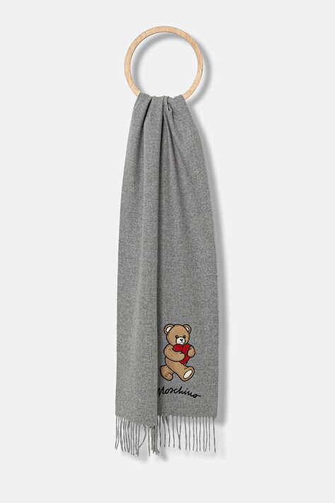 Vlněná šála Moschino šedá barva, s aplikací, M3330 30835