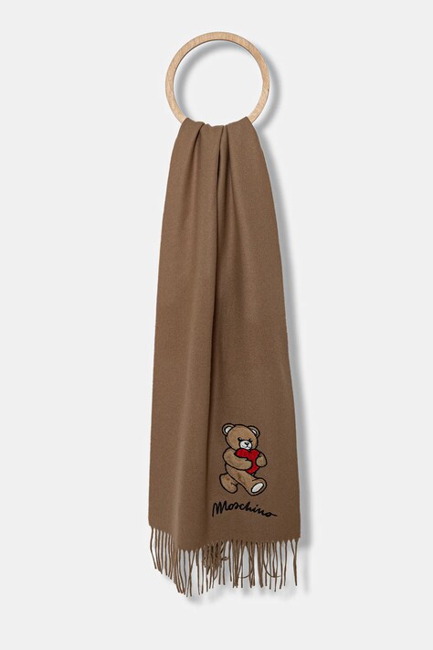 Moschino szalik wełniany kolor brązowy z aplikacją M3330 30835