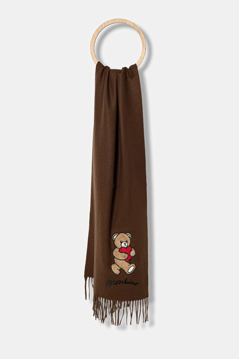 Vlněná šála Moschino hnědá barva, s aplikací, M3330 30835