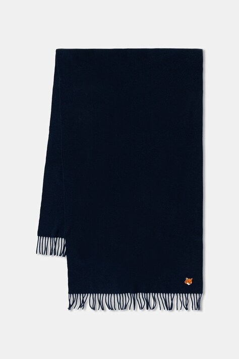 Maison Kitsuné szalik wełniany Fox Head kolor granatowy gładki PM06201WB0044