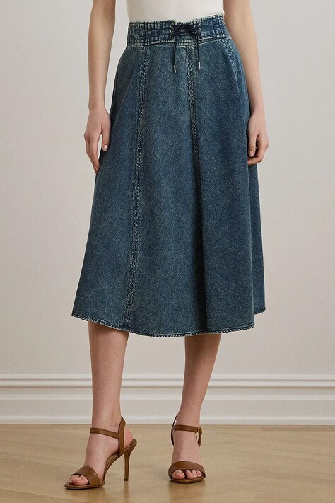 Lauren Ralph Lauren spódnica jeansowa bawełniana kolor niebieski midi rozkloszowana 200971265