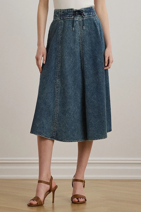 Lauren Ralph Lauren spódnica jeansowa bawełniana kolor niebieski midi rozkloszowana 200971265