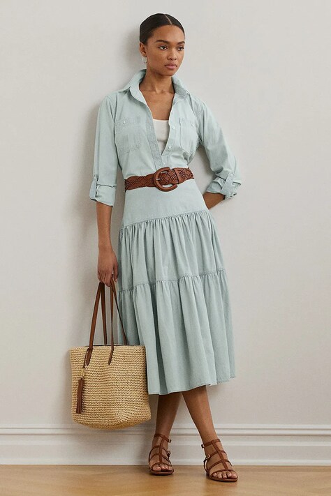 Lauren Ralph Lauren spódnica bawełniana kolor niebieski midi rozkloszowana 200978816