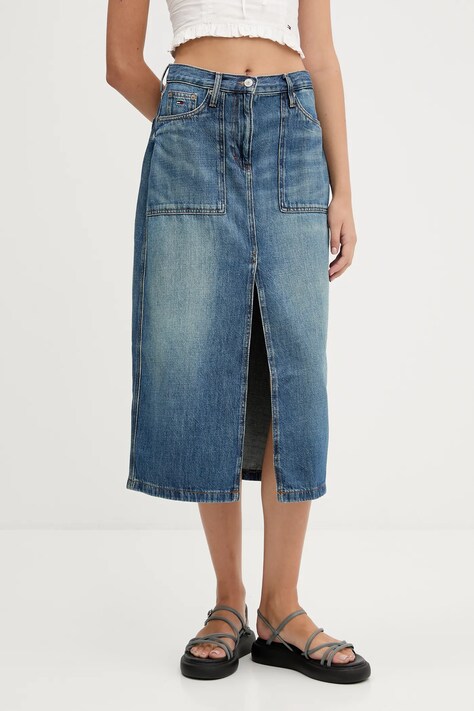 Tommy Jeans fustă jeans midi, drept, DW0DW21070