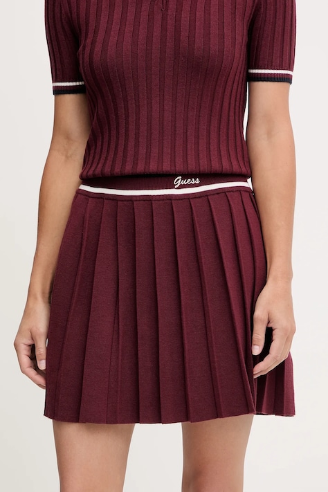 Vlnená sukňa Guess SABINA bordová farba, mini, áčkový strih, V5BD02 Z1152