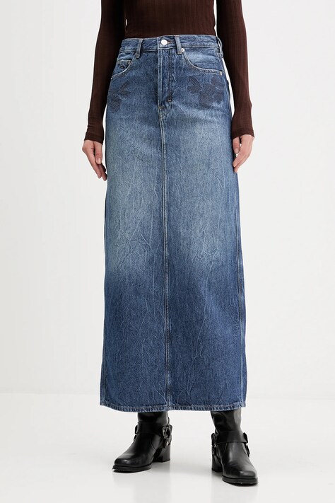 Дънкова пола Tommy Jeans в тъмносиньо дълга със стандартна кройка DW0DW21577