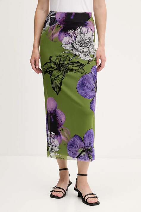 Sukňa Desigual TULLEFLOWERS zelená farba, maxi, rovný strih, 25WWFK03