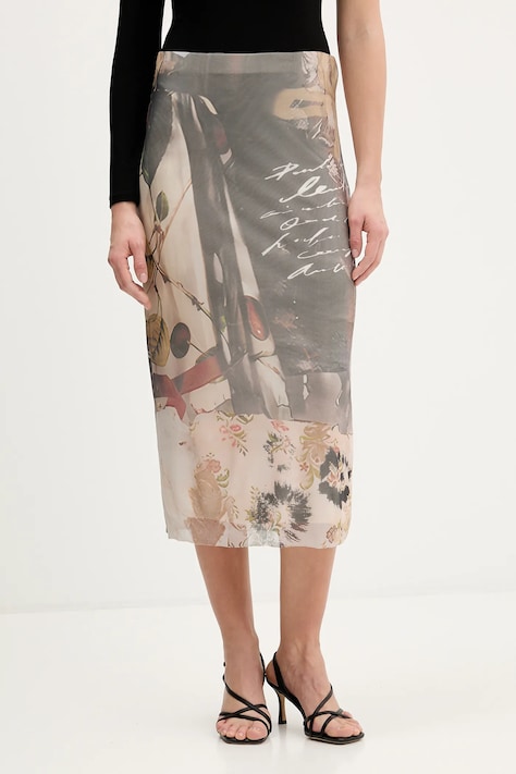 Спідниця Desigual COLLAGE колір коричневий midi пряма 25WWFK05