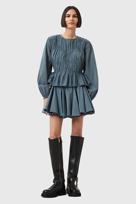 AllSaints spódnica bawełniana TULIP kolor niebieski mini rozkloszowana W016RD