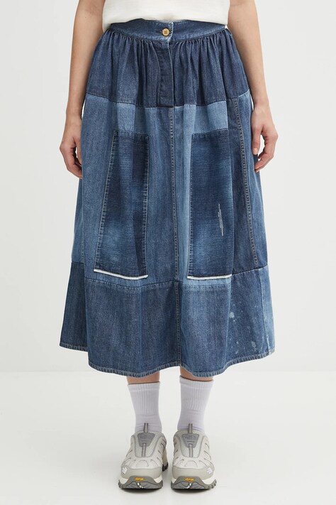 Visvim spódnica jeansowa ss elevation skirt p.w. kolor niebieski midi rozkloszowana 325105005003