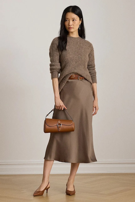 Sukně Lauren Ralph Lauren hnědá barva, midi, áčková, 200951232