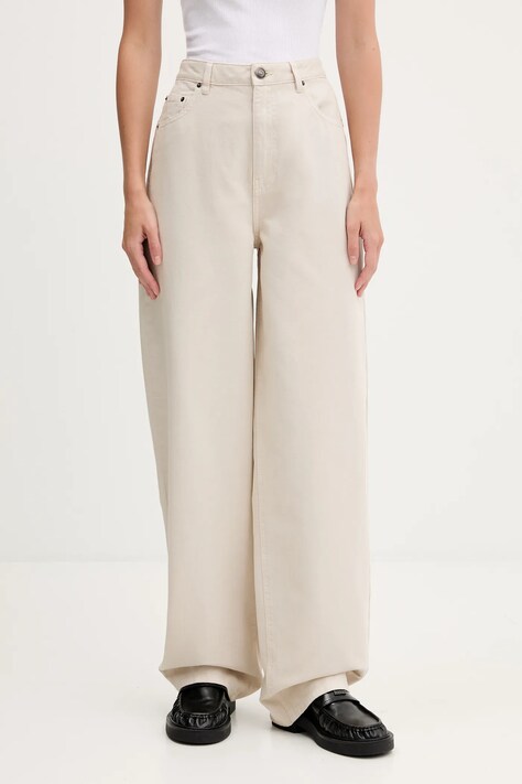Rotate spodnie bawełniane damskie kolor beżowy szerokie high waist 1142981763