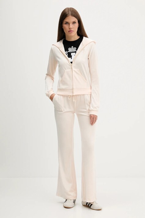 Juicy Couture spodnie dresowe welurowe CAISA LOW RISE PANT damskie kolor beżowy gładkie JCSEBJ008G