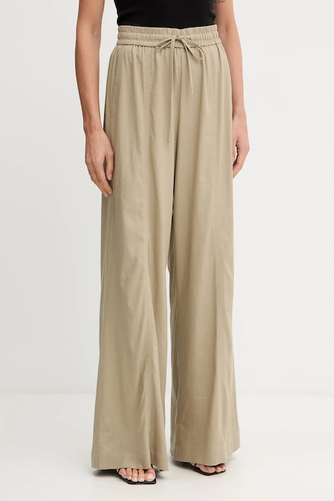 Штани з домішкою льону Gestuz колір зелений прямі висока посадка 10910517