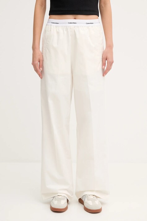 Calvin Klein Jeans spodnie bawełniane damskie kolor beżowy szerokie high waist LV044C403G