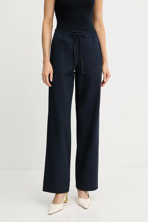 Bavlněné kalhoty BOSS dámské, tmavomodrá barva, high waist, 50543268