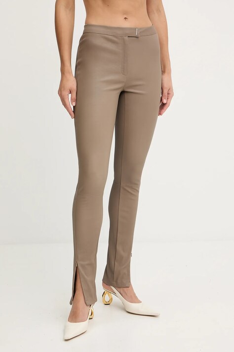 Kožené kalhoty BOSS dámské, hnědá barva, přiléhavé, high waist, 50541926
