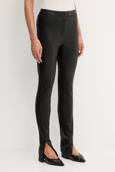 Kožené kalhoty BOSS dámské, černá barva, přiléhavé, high waist, 50541926