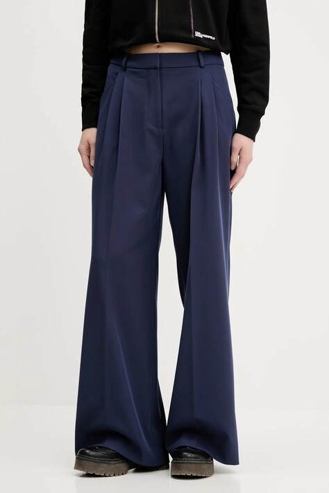 Kalhoty HUGO dámské, tmavomodrá barva, široké, high waist, 50542661
